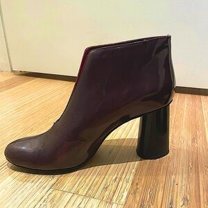 European designer, Carven Burgundy Patent Leather Ankle Boots. Made in France.